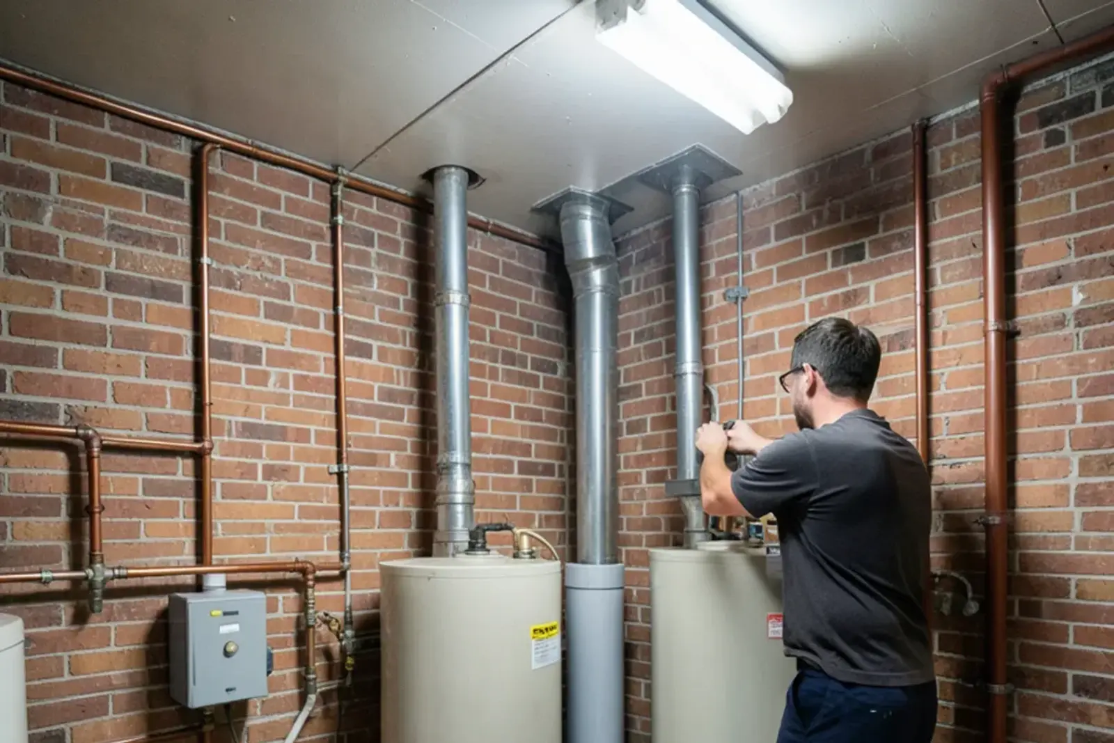 Two gas tank water heaters side by side with metal flue pipes in the concrete basement of a low-rise brick apartment building
