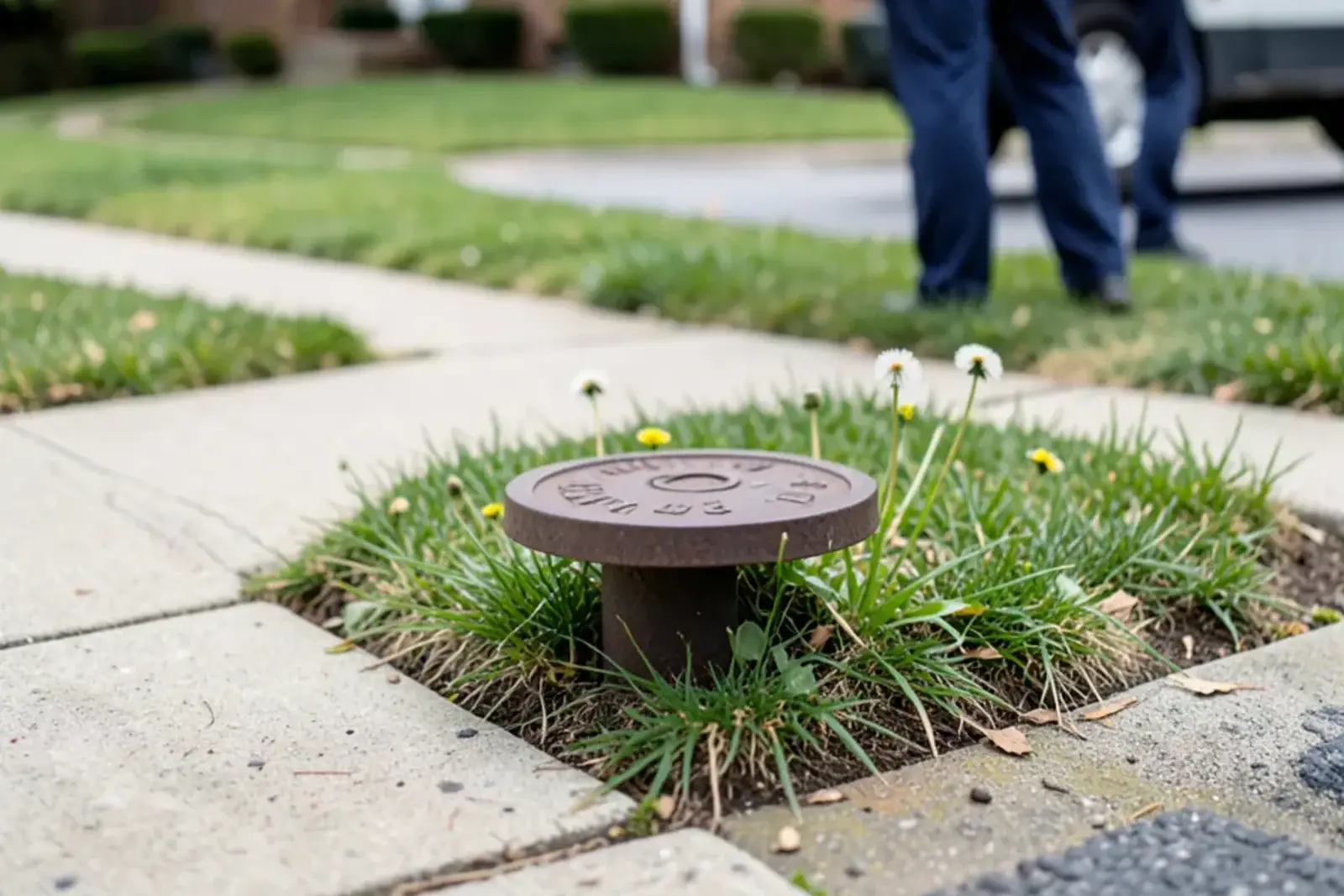 Small round iron curb box cover set in the grass strip between a public sidewalk and the street in front of a brick bungalow