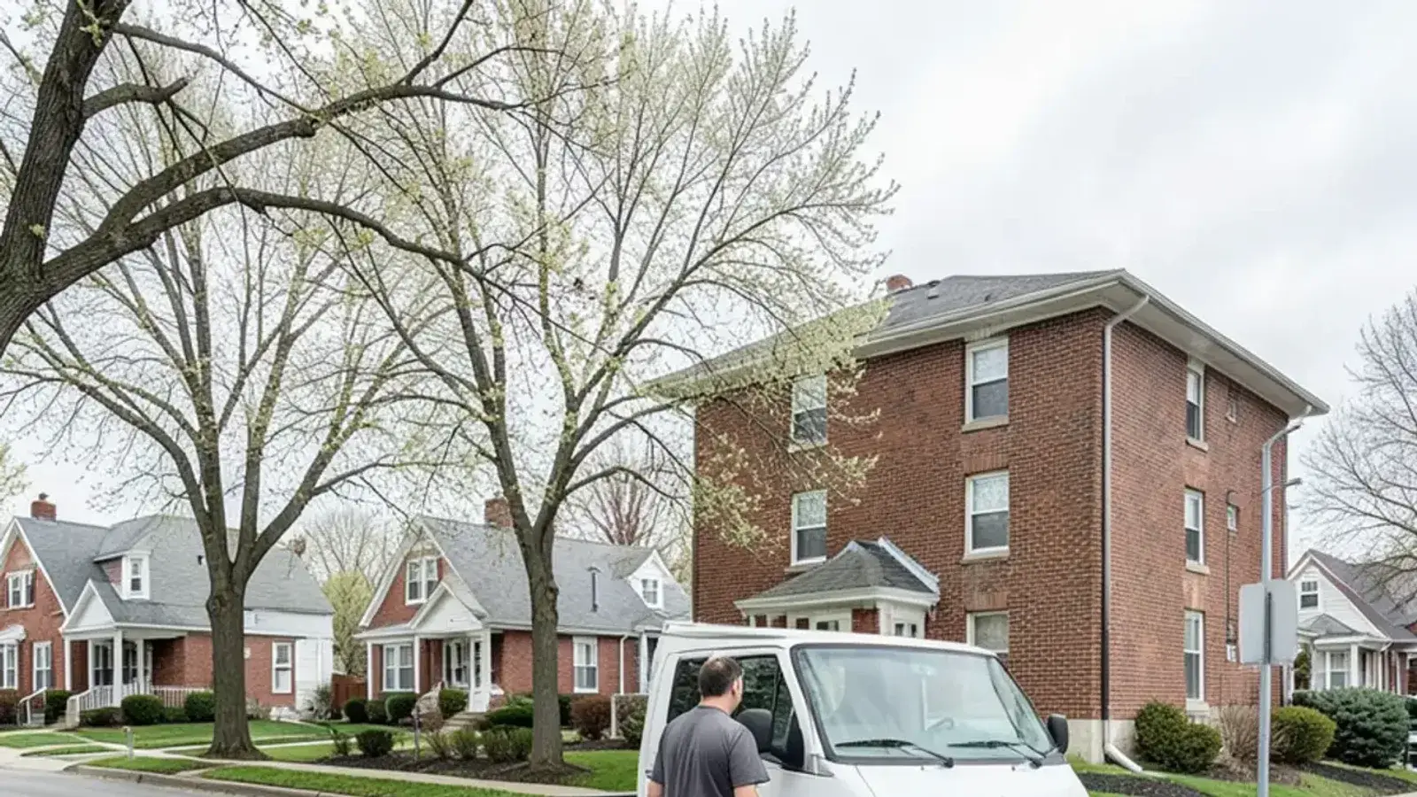 Compact flat street of small brick bungalows and modest Cape Cods close together, with a low-rise brick apartment building at the corner