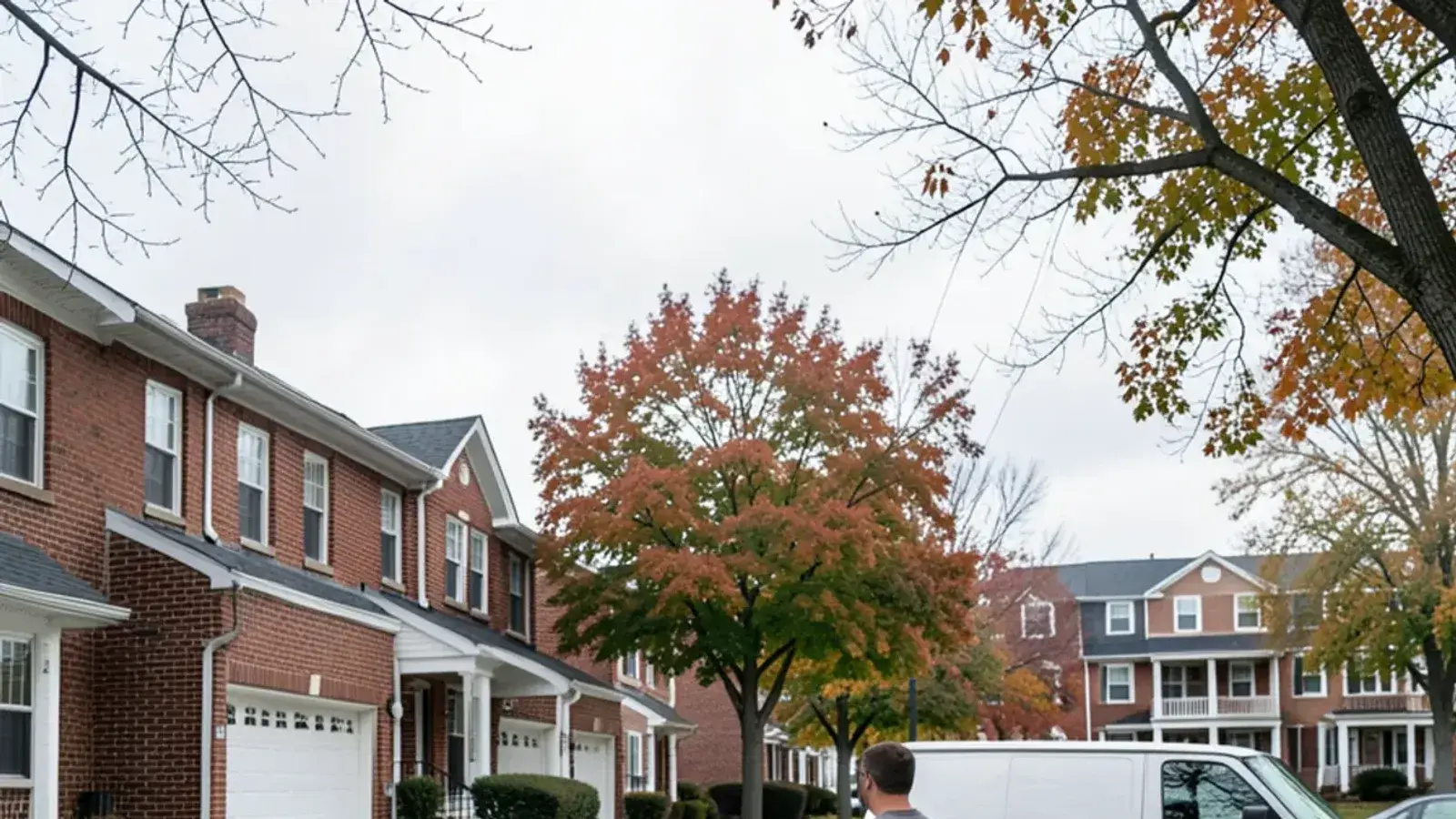 Mixed suburban street of 1970s brick and sided colonials with attached garages and a row of condos at the far end of the block