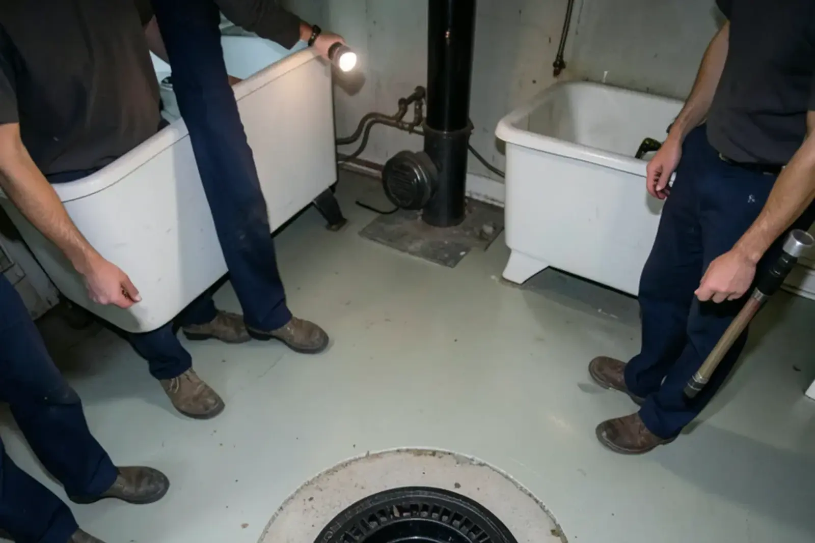 Round access cover for a backwater valve set into a patched section of concrete basement floor near a laundry tub
