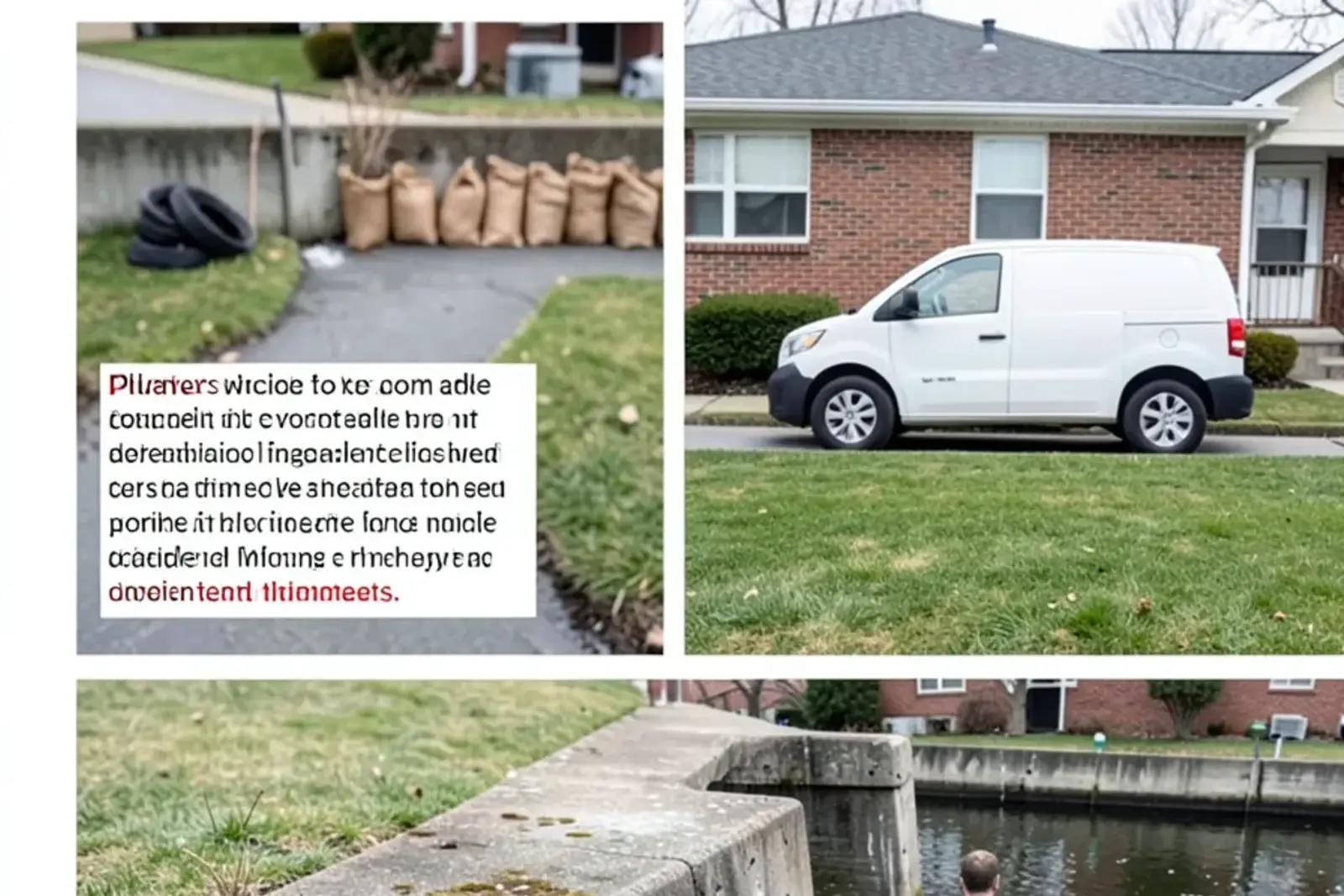 Canal water lapping near the top of a concrete seawall behind a ranch house with a sandbag line on the lawn