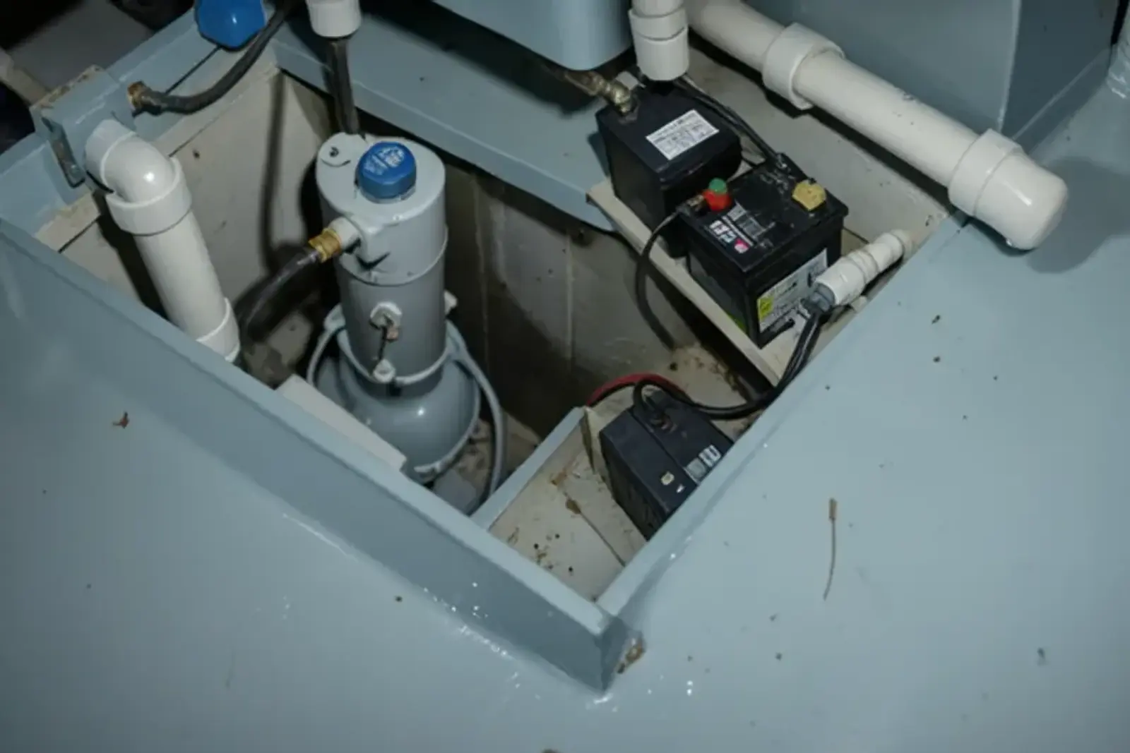 Sump pit with a primary pump and a second battery-powered pump mounted beside it on a basement floor