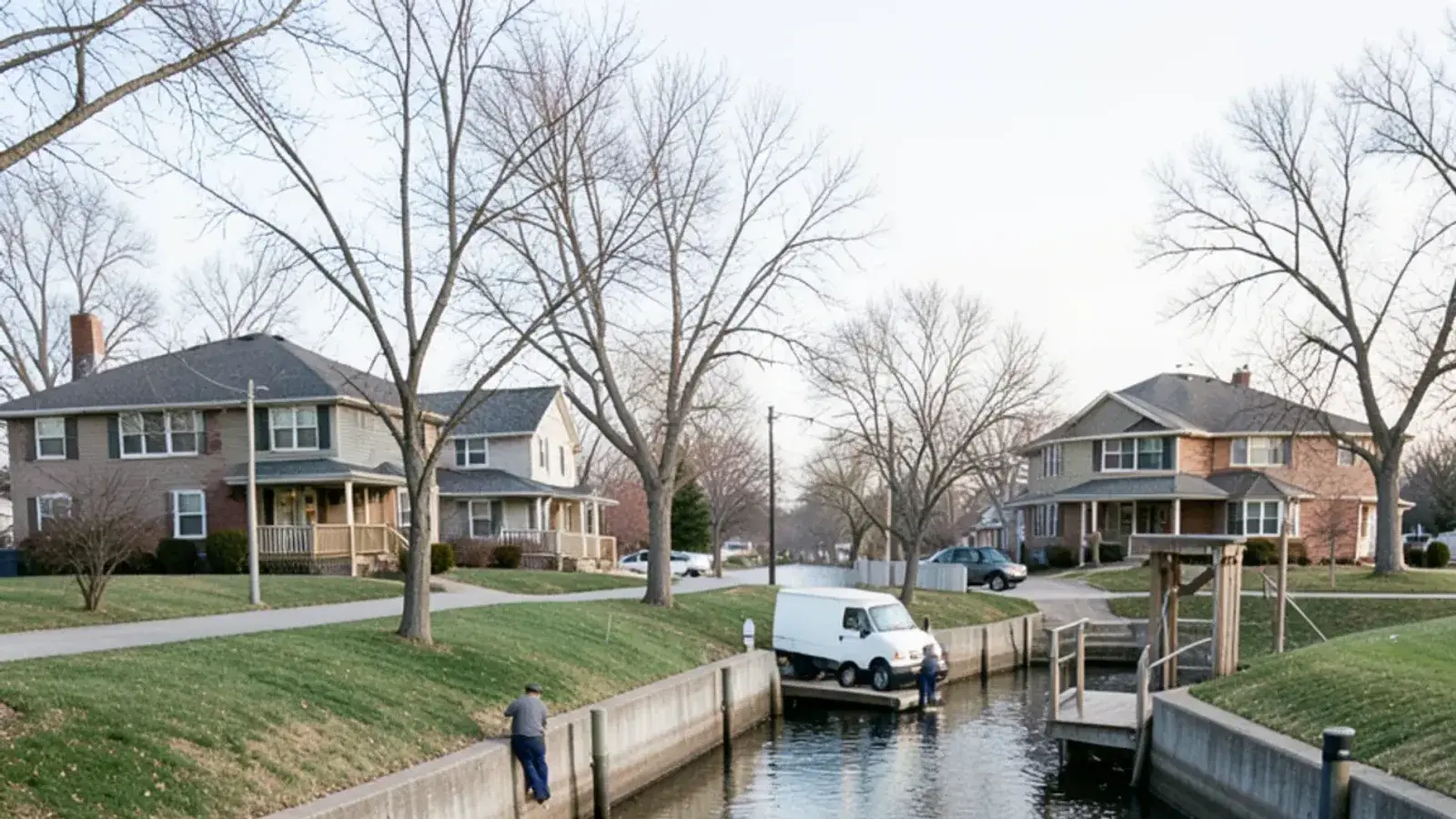 Ranch and two-story homes backing onto a narrow residential canal lined with concrete seawalls and small docks