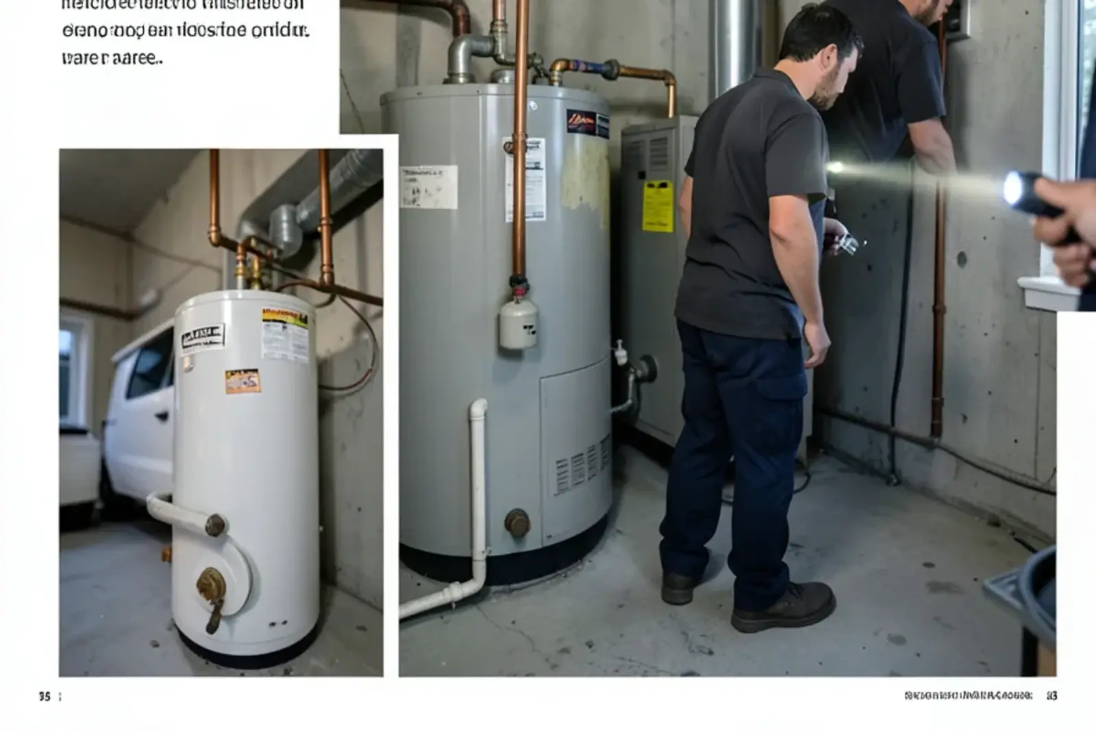 Gas tank water heater with a dated label beside a furnace in a poured-concrete subdivision basement