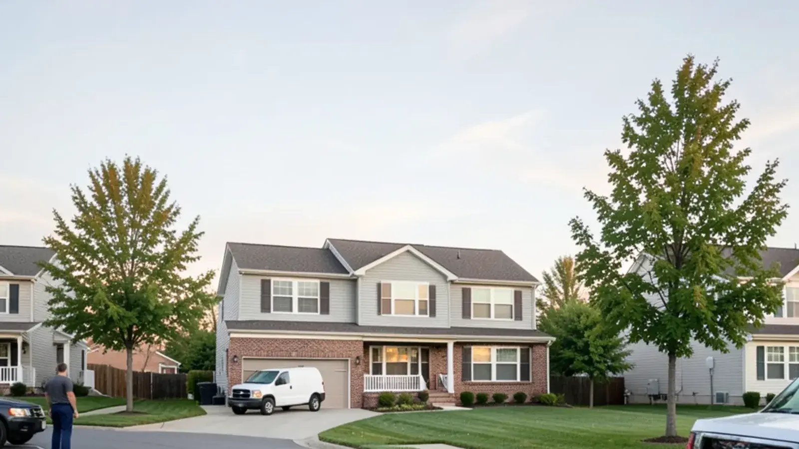Two-story brick-front colonial with an attached two-car garage on a curving subdivision street lined with young maples