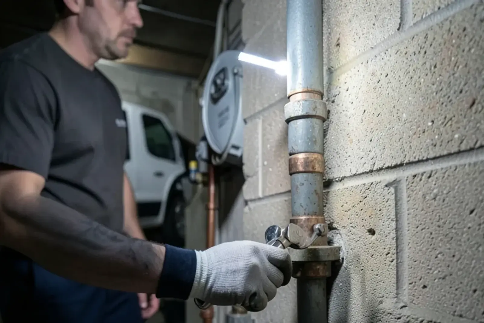 Dull gray metal water service pipe coming through a basement wall to a water meter