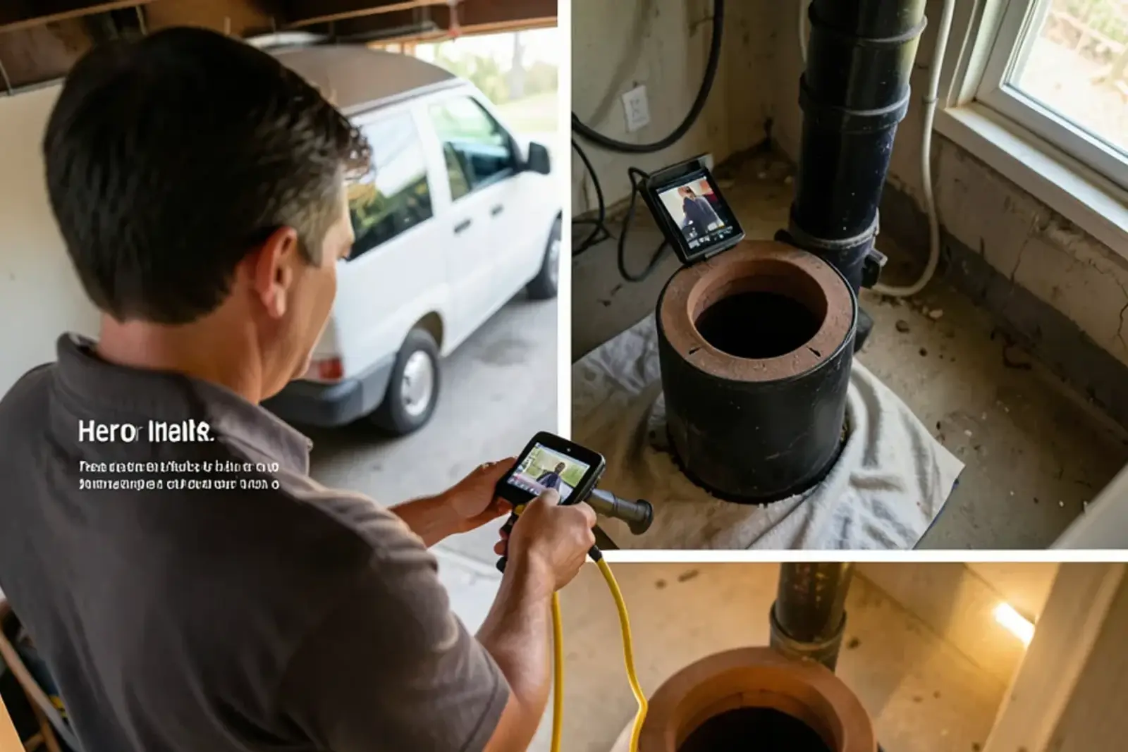 Sewer camera cable fed into an open cleanout on a black cast iron stack, with a small monitor on the basement floor