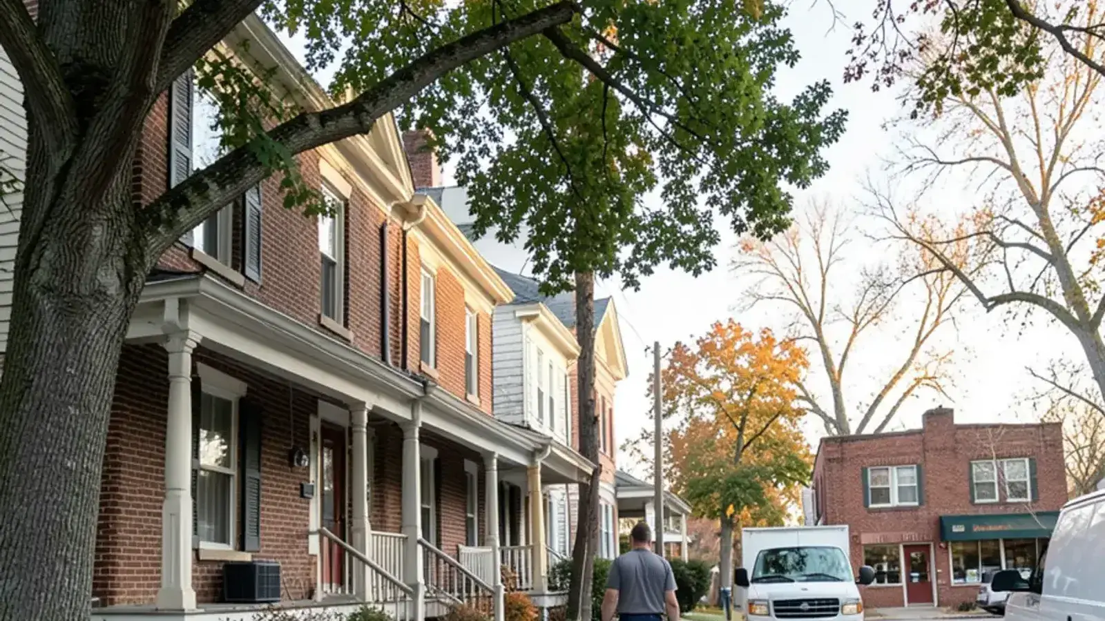 Row of older two-story frame and brick houses with deep front porches under tall shade trees on flat ground