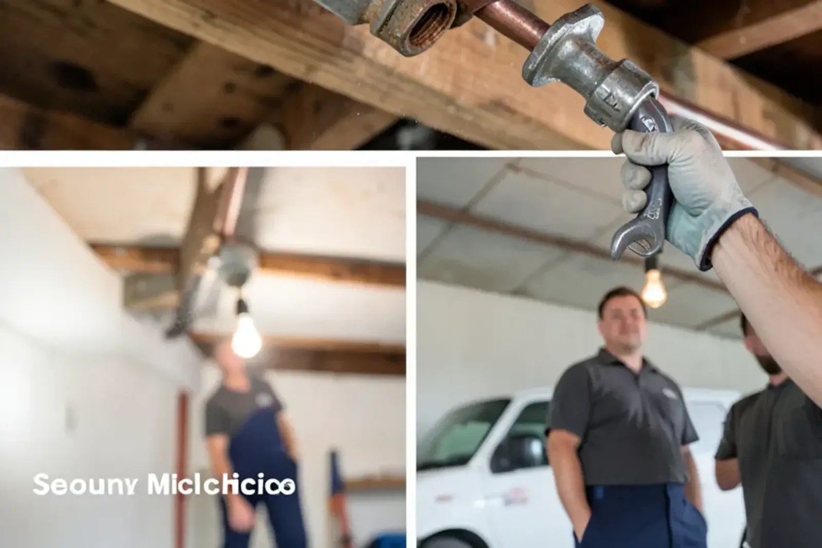 Rusty galvanized water pipe joined to a newer copper section along a basement ceiling joist