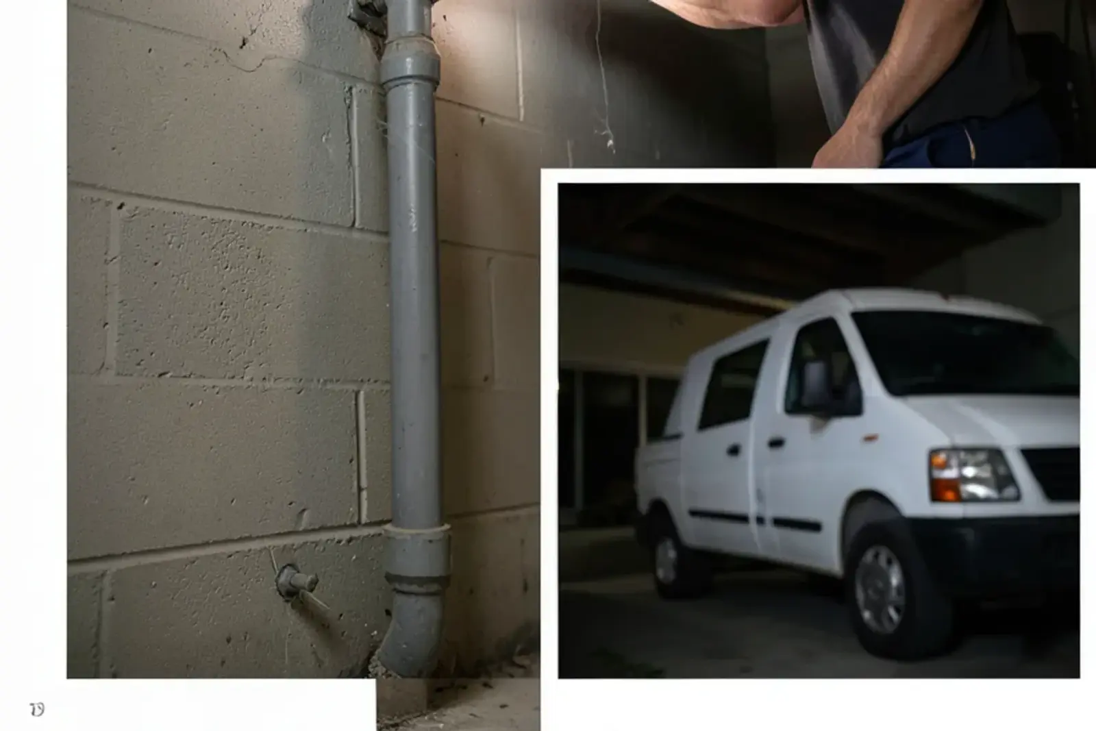 Water service pipe coming through a basement block wall to a meter and main shutoff valve