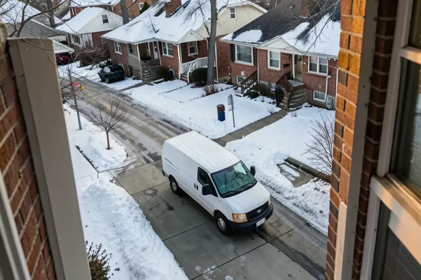 Small ranch houses close together on a snowy street with shoveled concrete driveways in winter