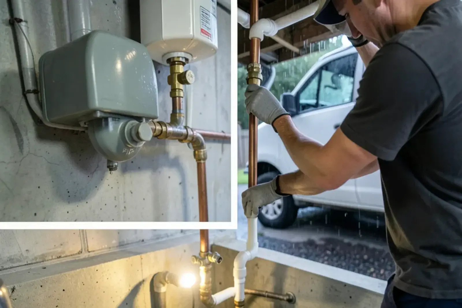 Water-powered backup sump pump tied to a copper supply line above a basement sump pit