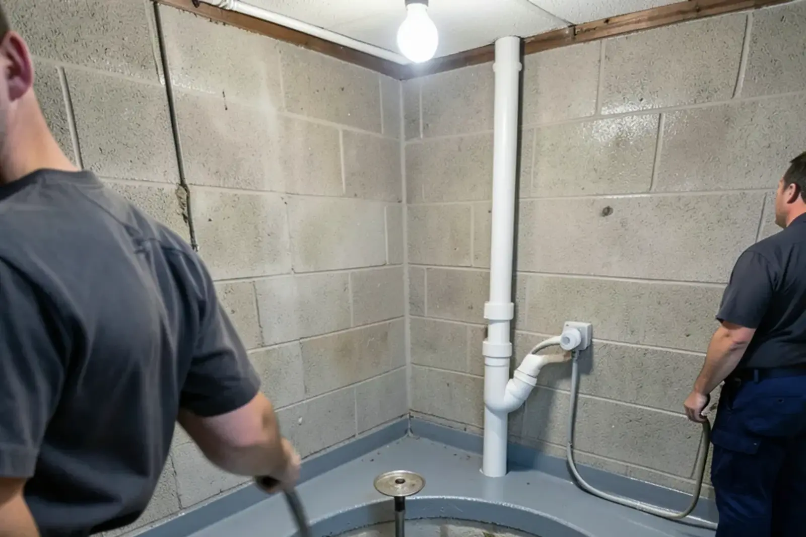 Open sump pit in a painted concrete basement floor with a pedestal pump and a white PVC discharge line running up the block wall