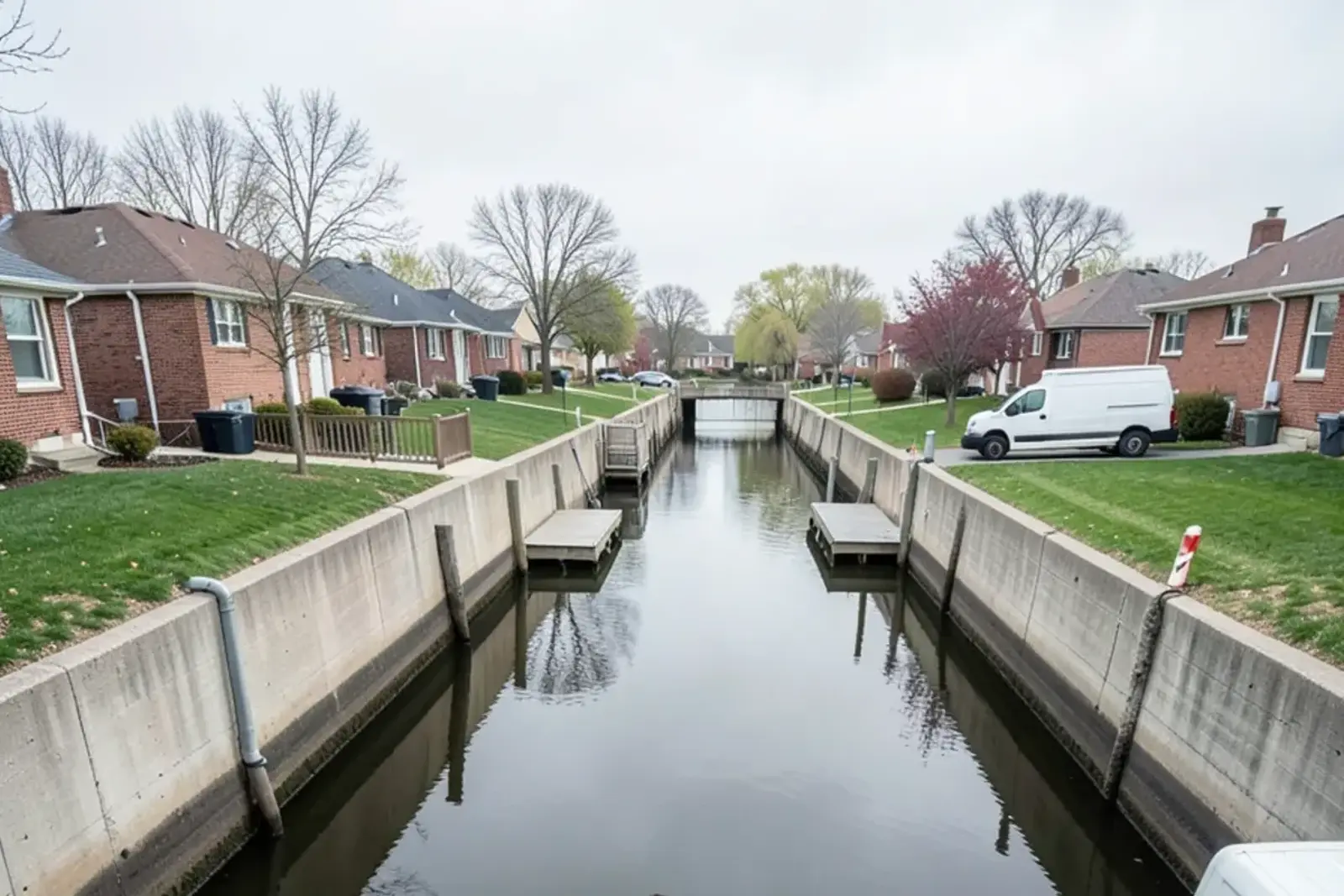 Narrow residential canal with concrete seawalls and small boat docks behind single-story brick houses in late spring