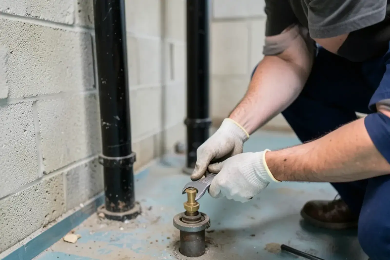 Square-head plug on a cast iron sewer cleanout at the foot of a black stack beside a concrete block foundation wall