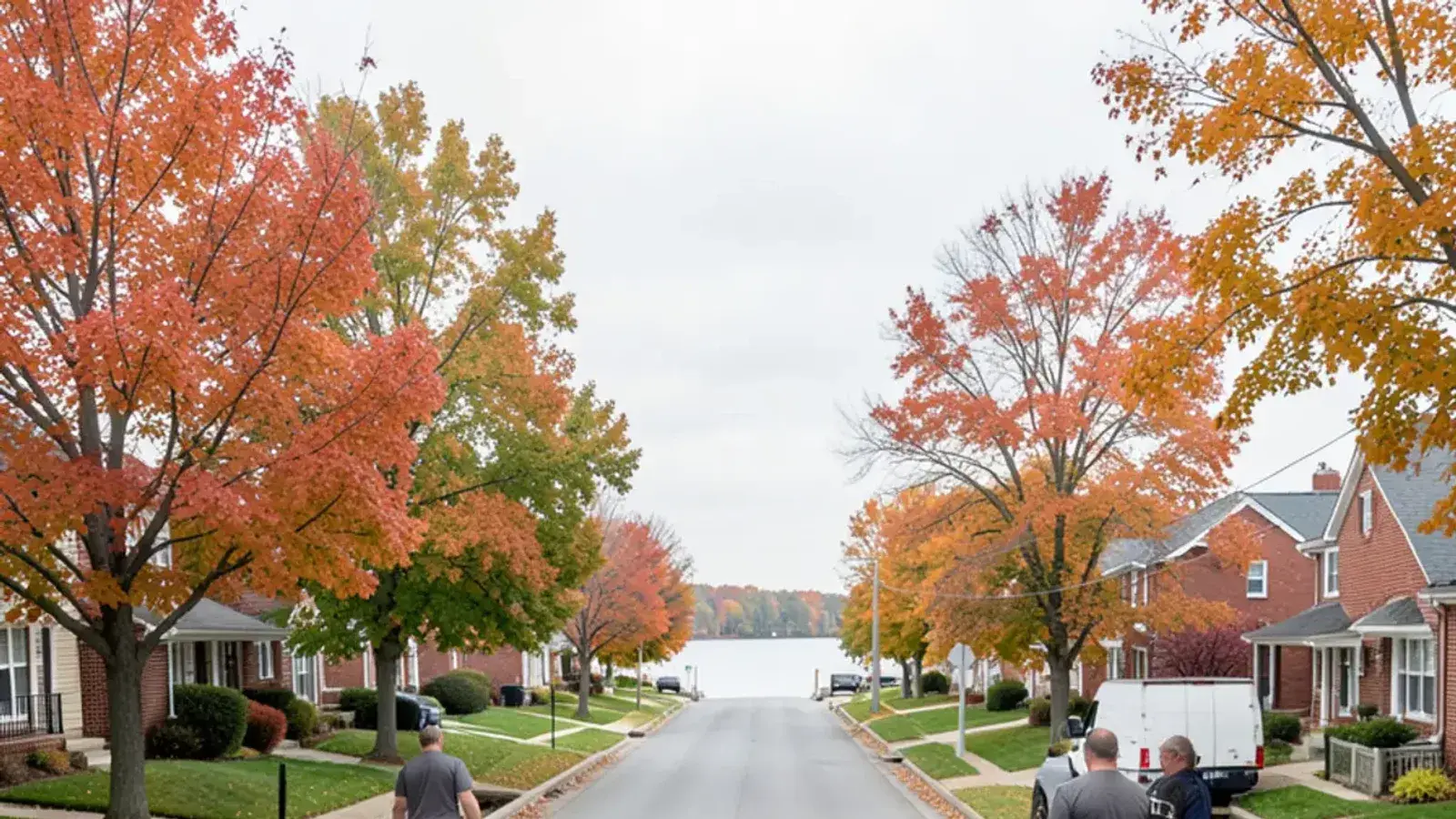 Row of single-story 1950s brick ranch homes with small front lawns and mature maples on a flat street that ends at a seawalled canal