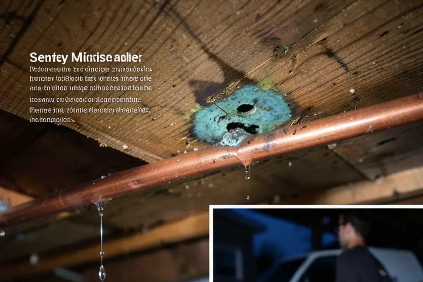 Copper water line along a basement ceiling with a small green stain and drip mark at a pinhole