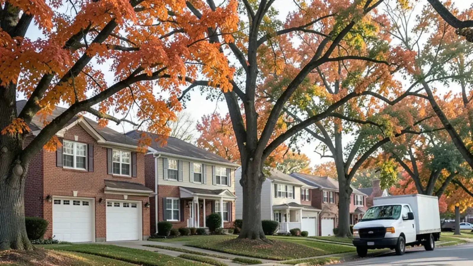 Curving subdivision street of 1970s two-story brick and sided colonials with attached garages and wide lawns in late autumn