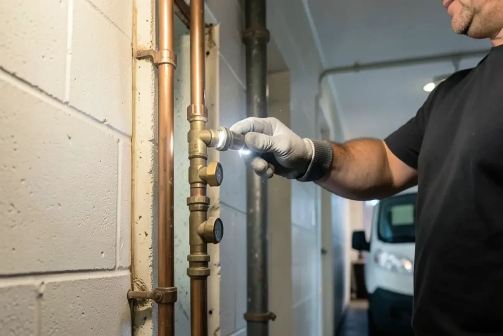 Pair of copper riser pipes with quarter-turn shutoff valves inside an open access panel in an apartment hallway