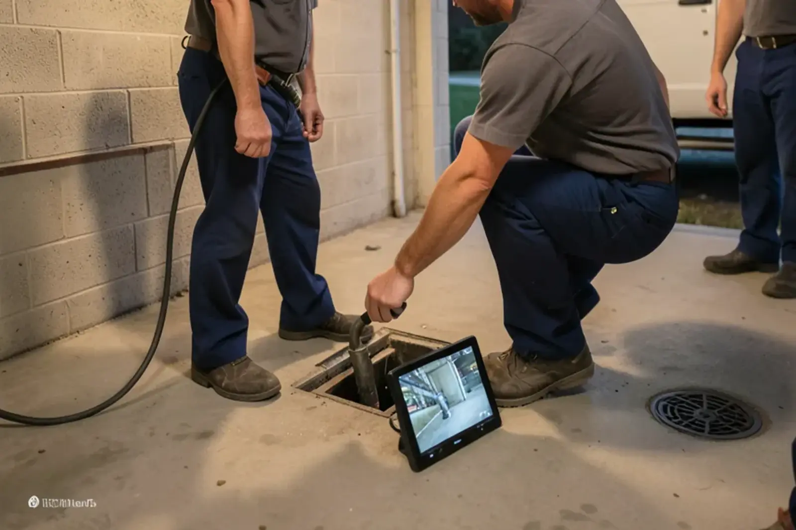 Sewer inspection camera cable fed into a basement cleanout with a small monitor on the floor