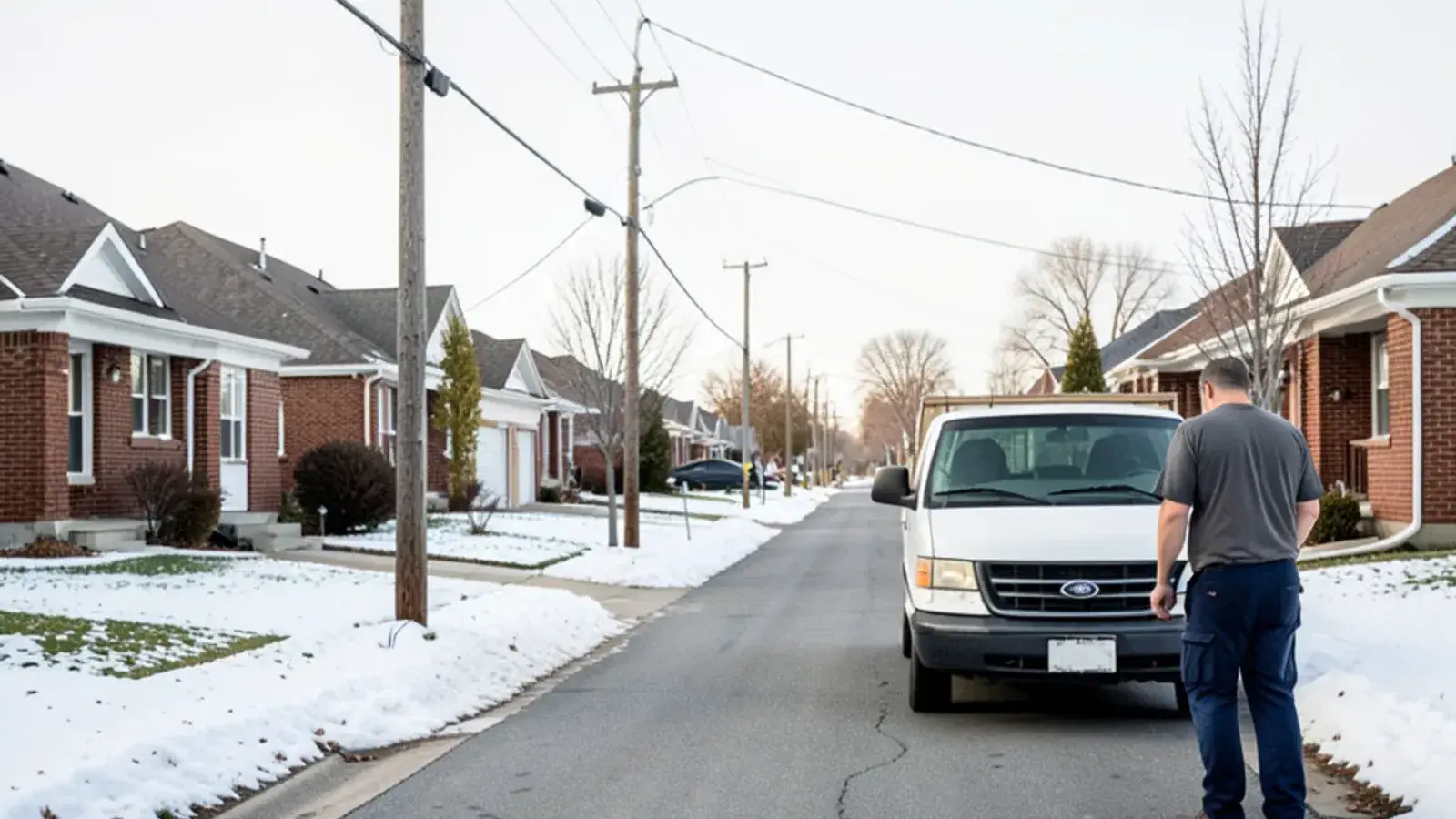 Long straight block of 1960s single-story brick ranches with low roofs and small front lawns under a pale winter sky