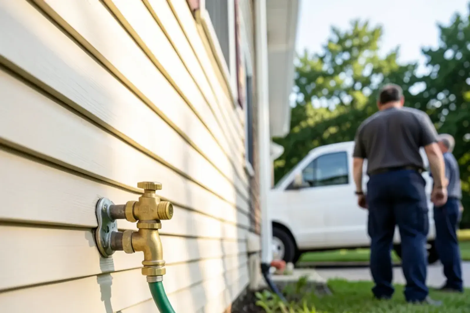 Outdoor hose spigot on vinyl siding fitted with a screw-on hose connection vacuum breaker