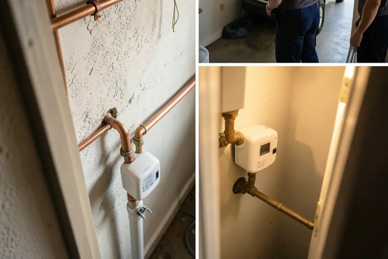 Basement copper water line with a branch valve and backflow device feeding an underground sprinkler system