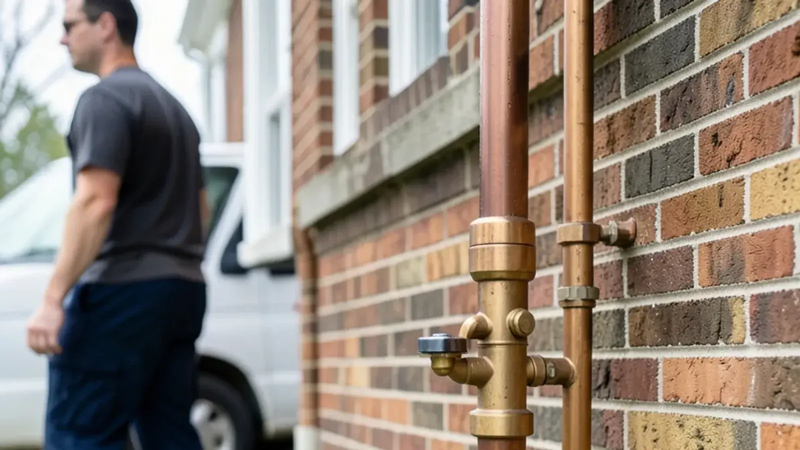 Brass pressure vacuum breaker on copper piping beside a brick house foundation, with a mulched flower bed in front