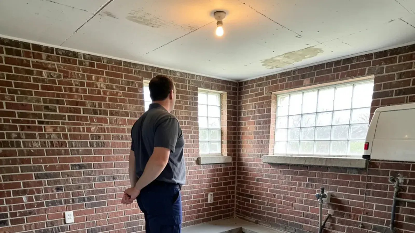 Basement with a backwater valve access cover set in the floor near the wall and a sump pit a few feet away