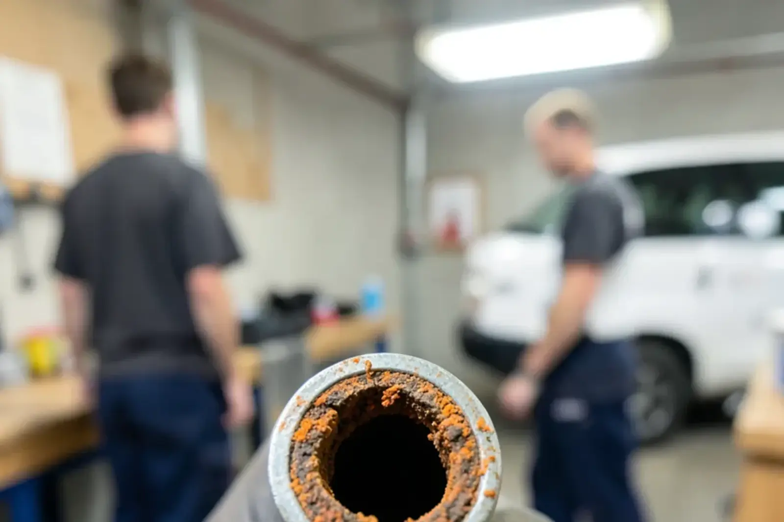 Cut section of old galvanized pipe showing the opening narrowed by rust buildup