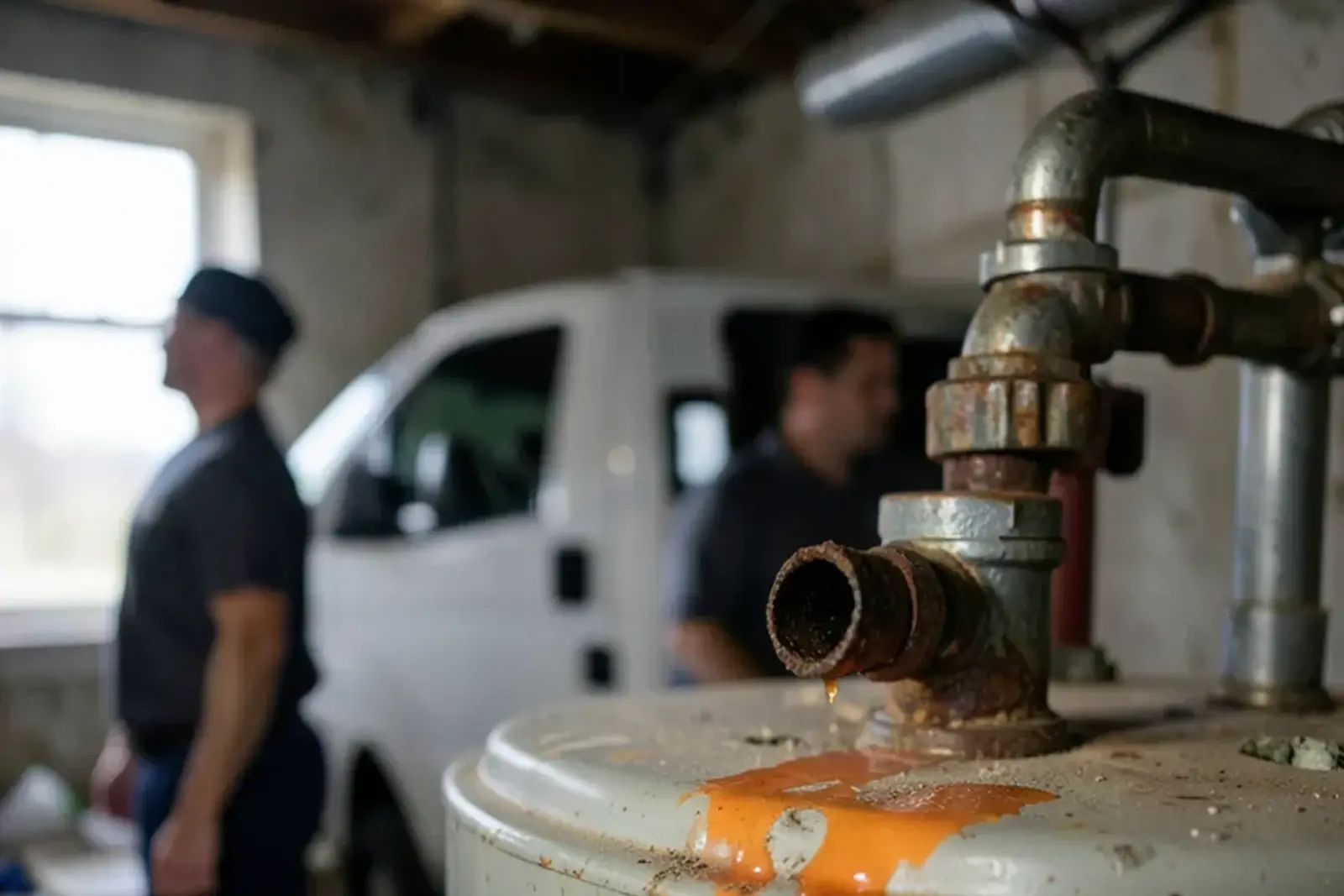 Rust-crusted galvanized nipple on the hot outlet of an older basement water heater