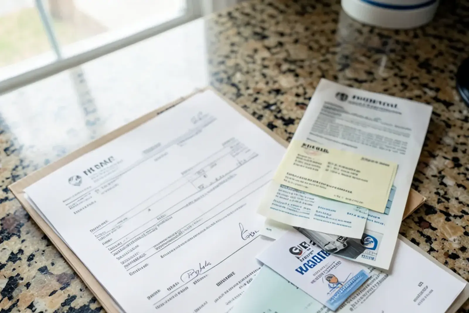 Folder on a counter holding a signed estimate, a water heater warranty card and an insurance certificate