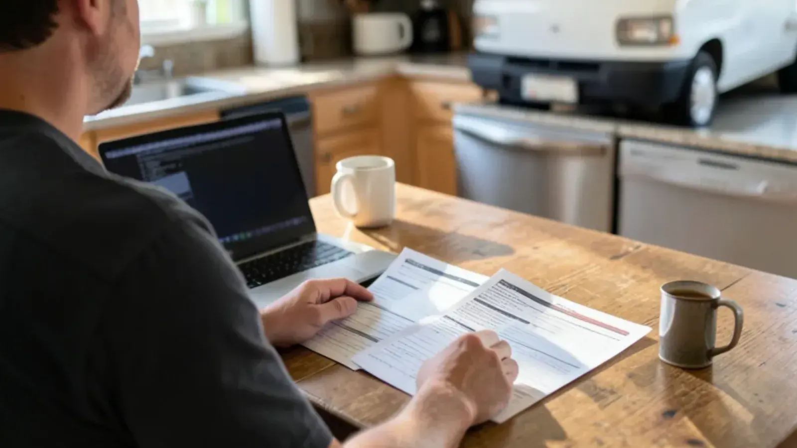 Homeowner at a kitchen table comparing two printed plumbing estimates beside a laptop and a cup of coffee