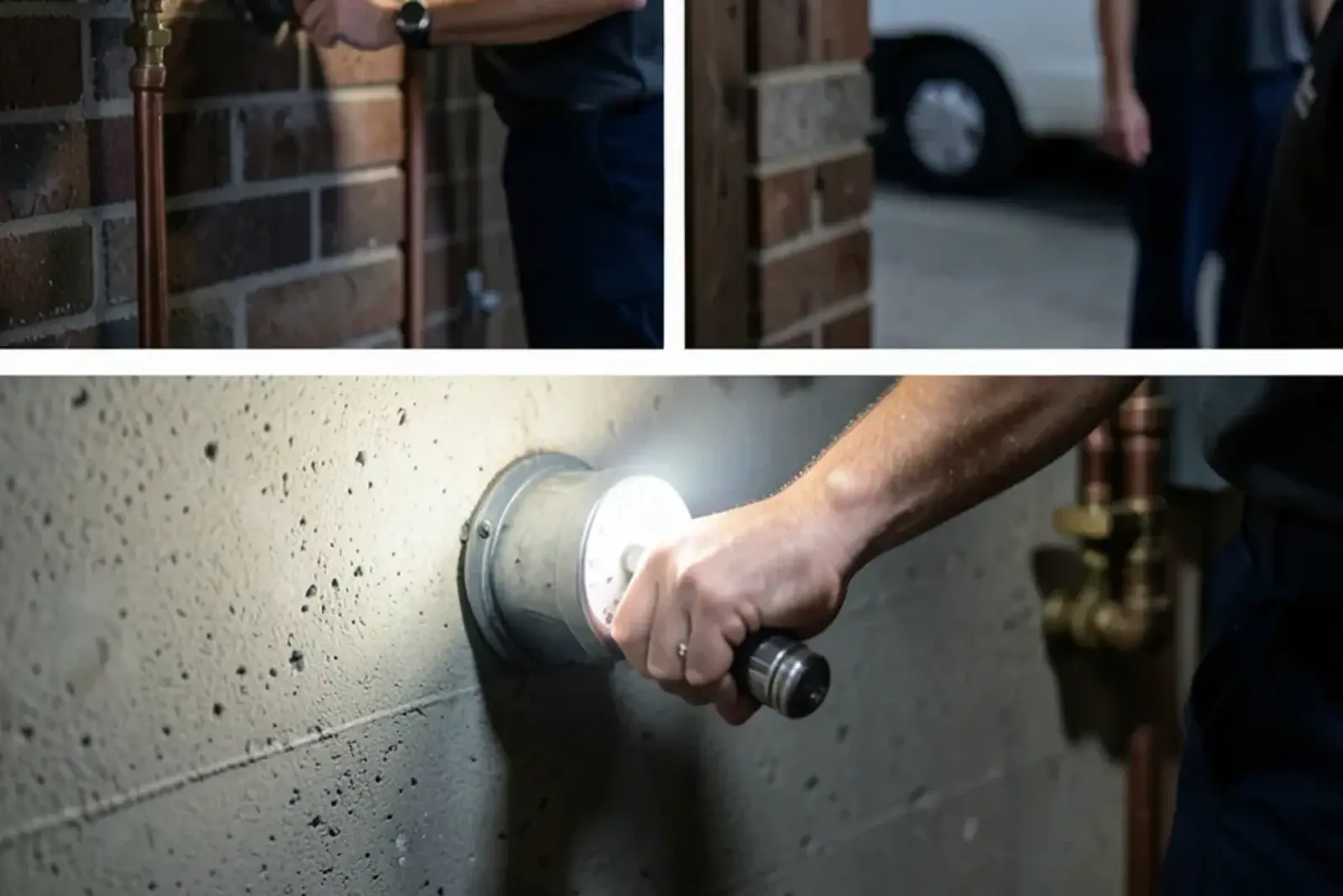 Hand holding a flashlight on a residential water meter dial mounted on a basement wall