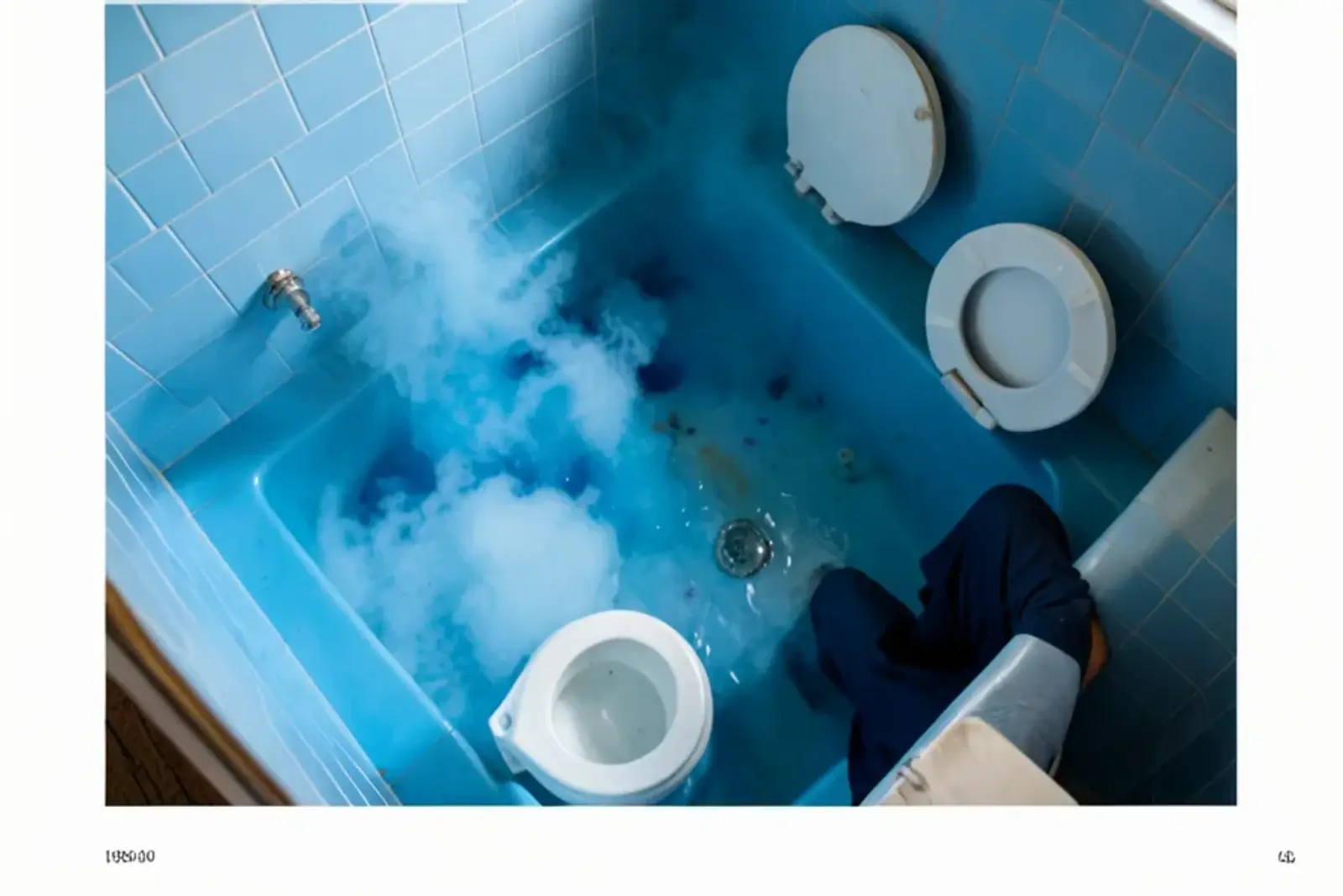 Blue food coloring dispersing in a toilet tank with the lid set aside for a leak test