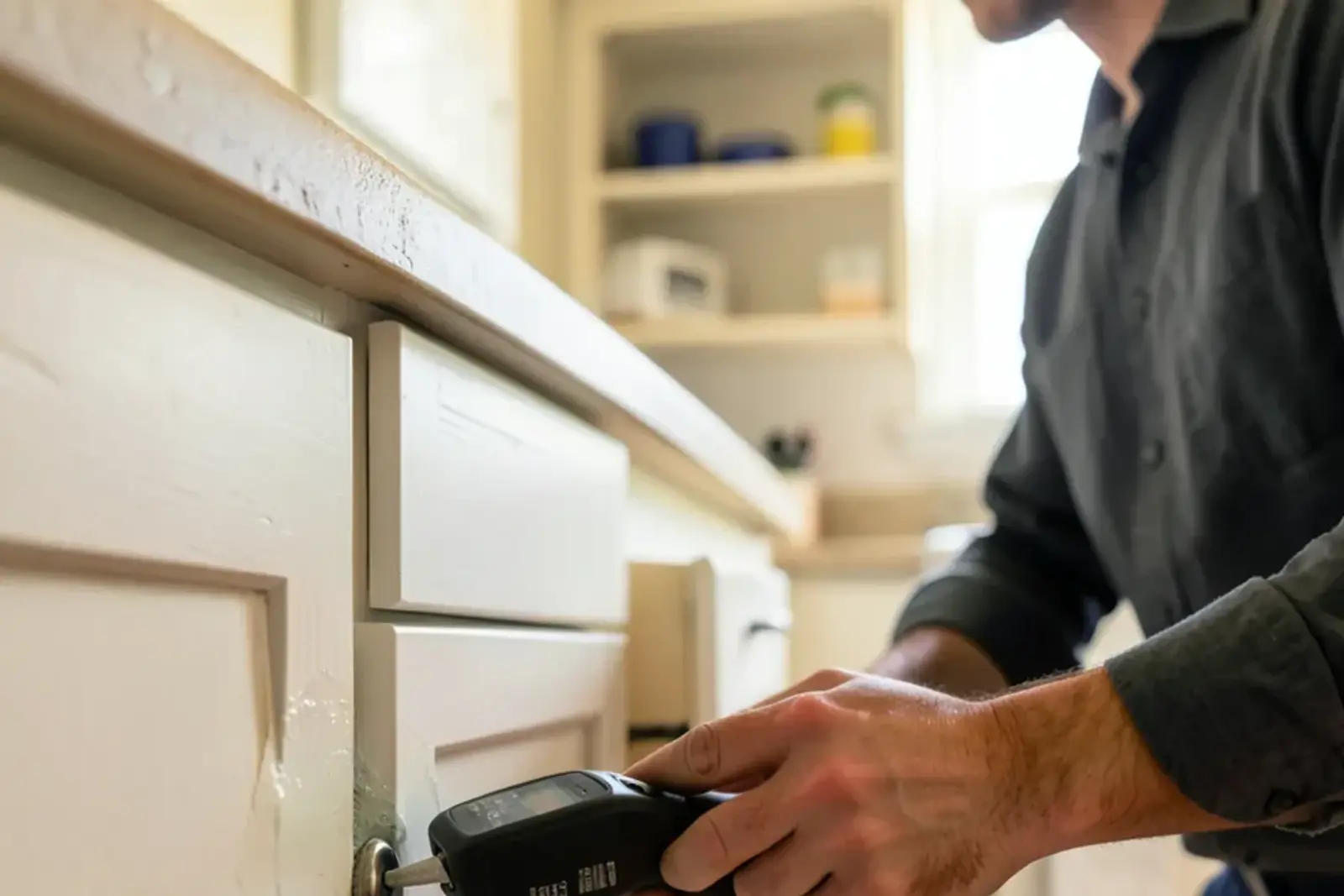 Moisture meter pressed against a baseboard wall below a kitchen sink cabinet