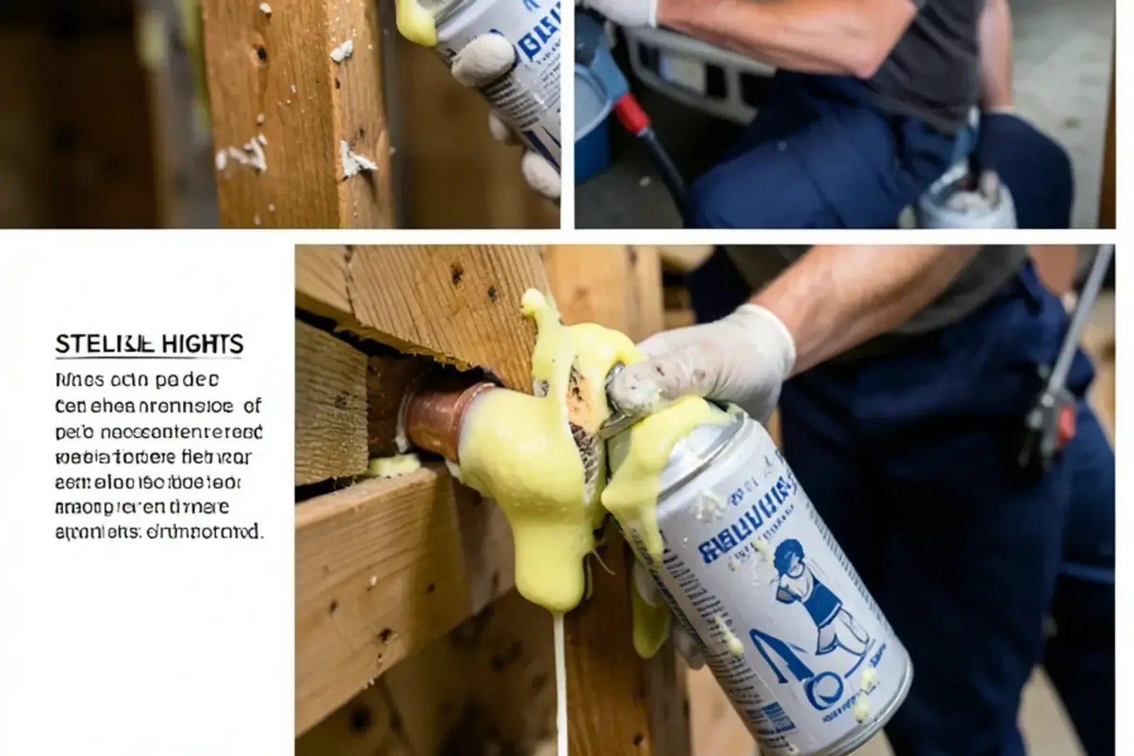 Gloved hand sealing a gap where a pipe passes through the rim joist with a can of spray foam