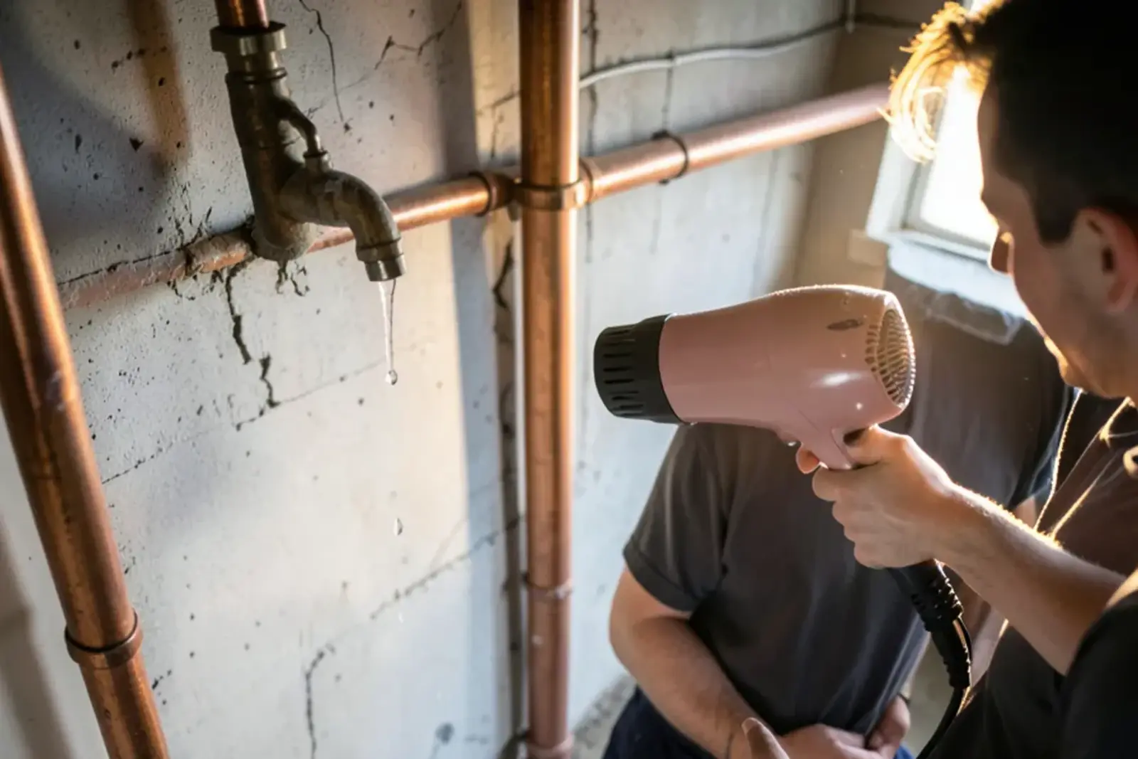 Hair dryer aimed at a frosted section of copper pipe near the basement wall with the faucet above left open