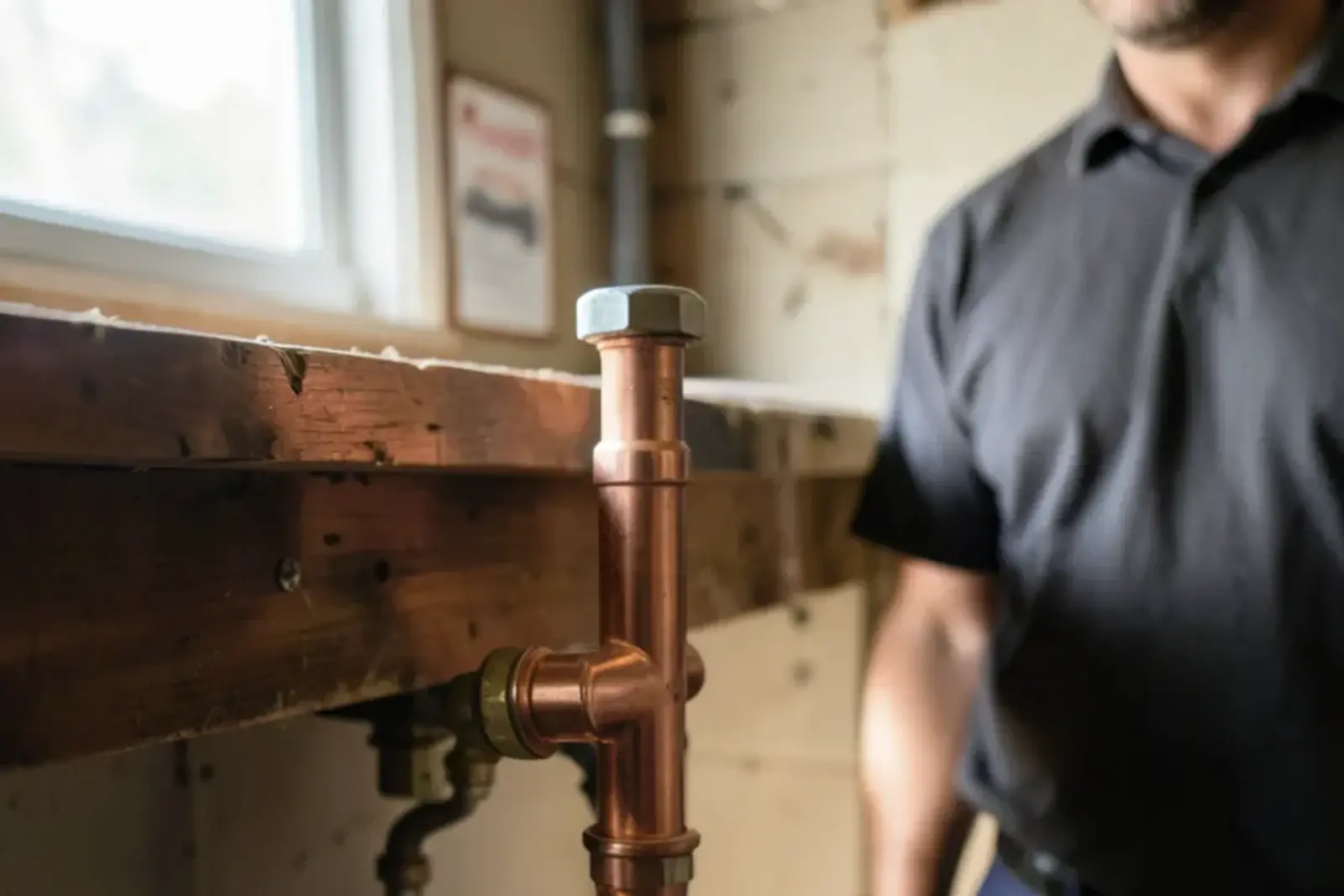 Long-stem frost-free hose faucet running through a basement rim joist with a slight downward pitch toward the outside wall