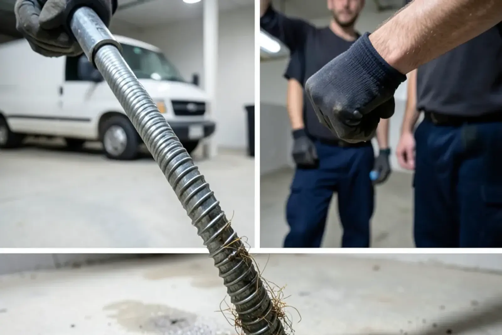 Close view of a drain snake cable with a spiral cutting head pulled out of a drain with debris wrapped around it