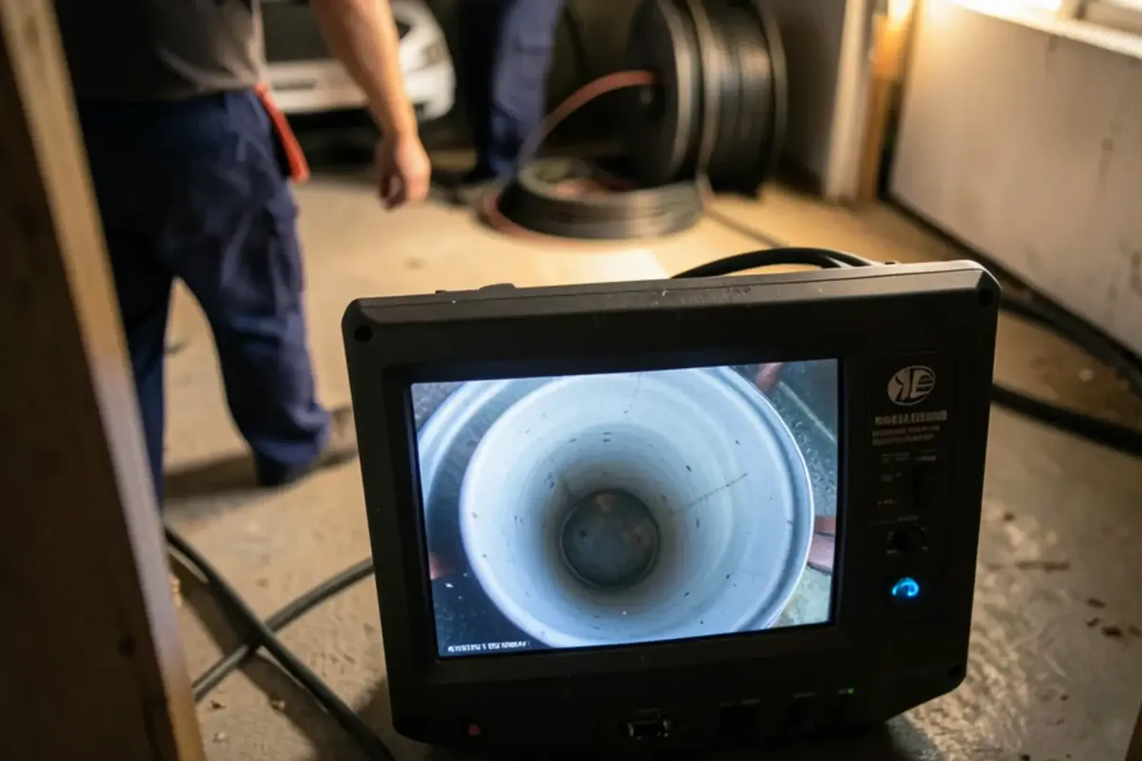 Inspection monitor showing a clean, round drain pipe interior after jetting