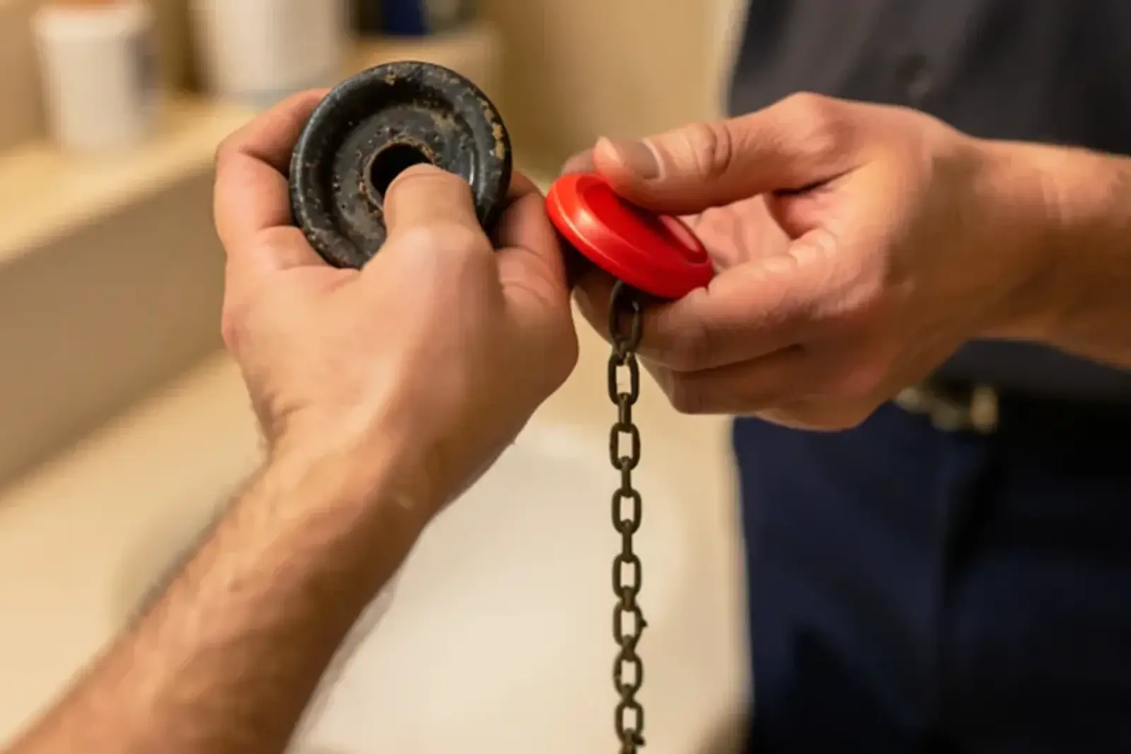 Warped, discolored rubber toilet flapper held next to a new replacement flapper