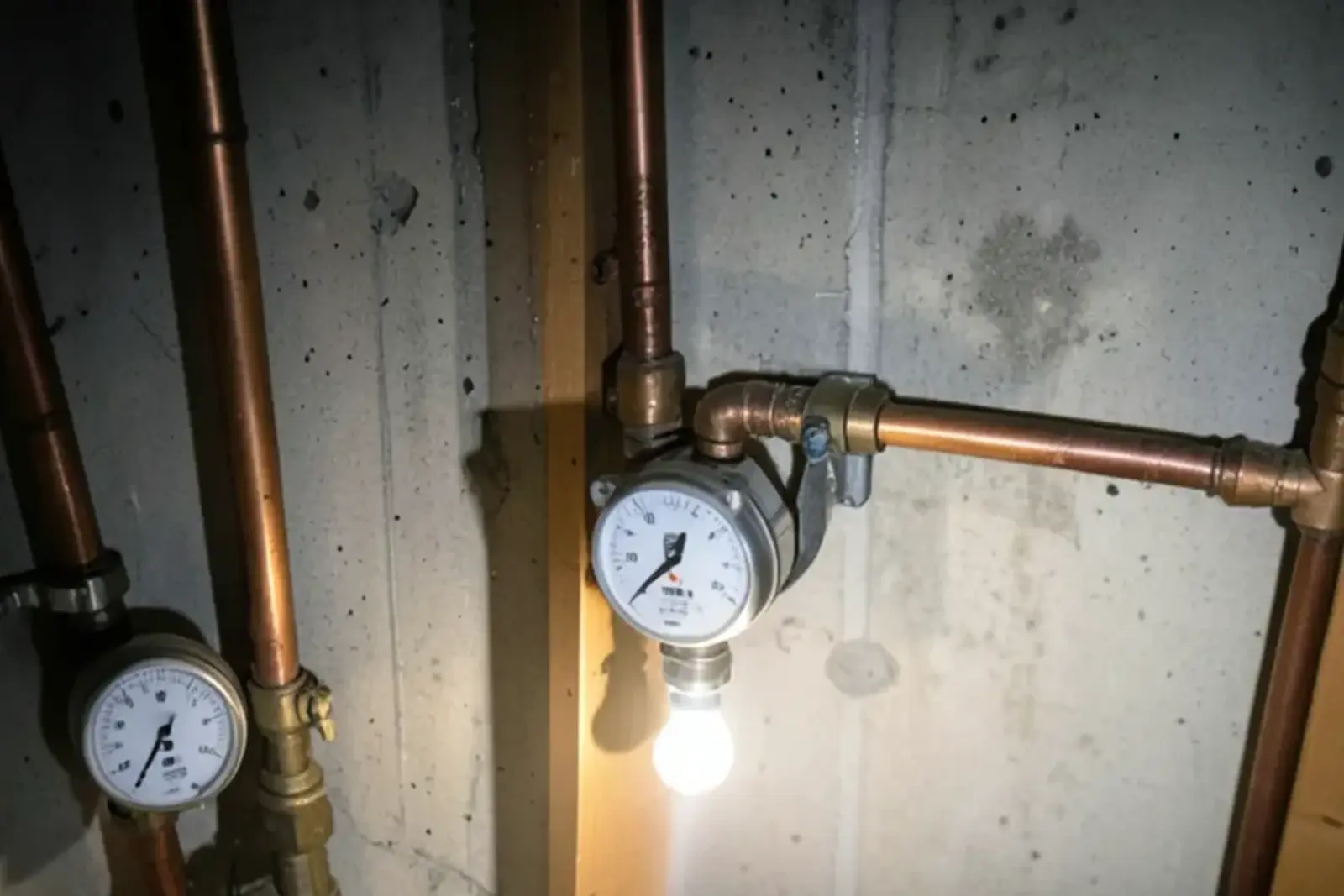 Residential water meter on a basement copper line with its dial and low-flow indicator visible