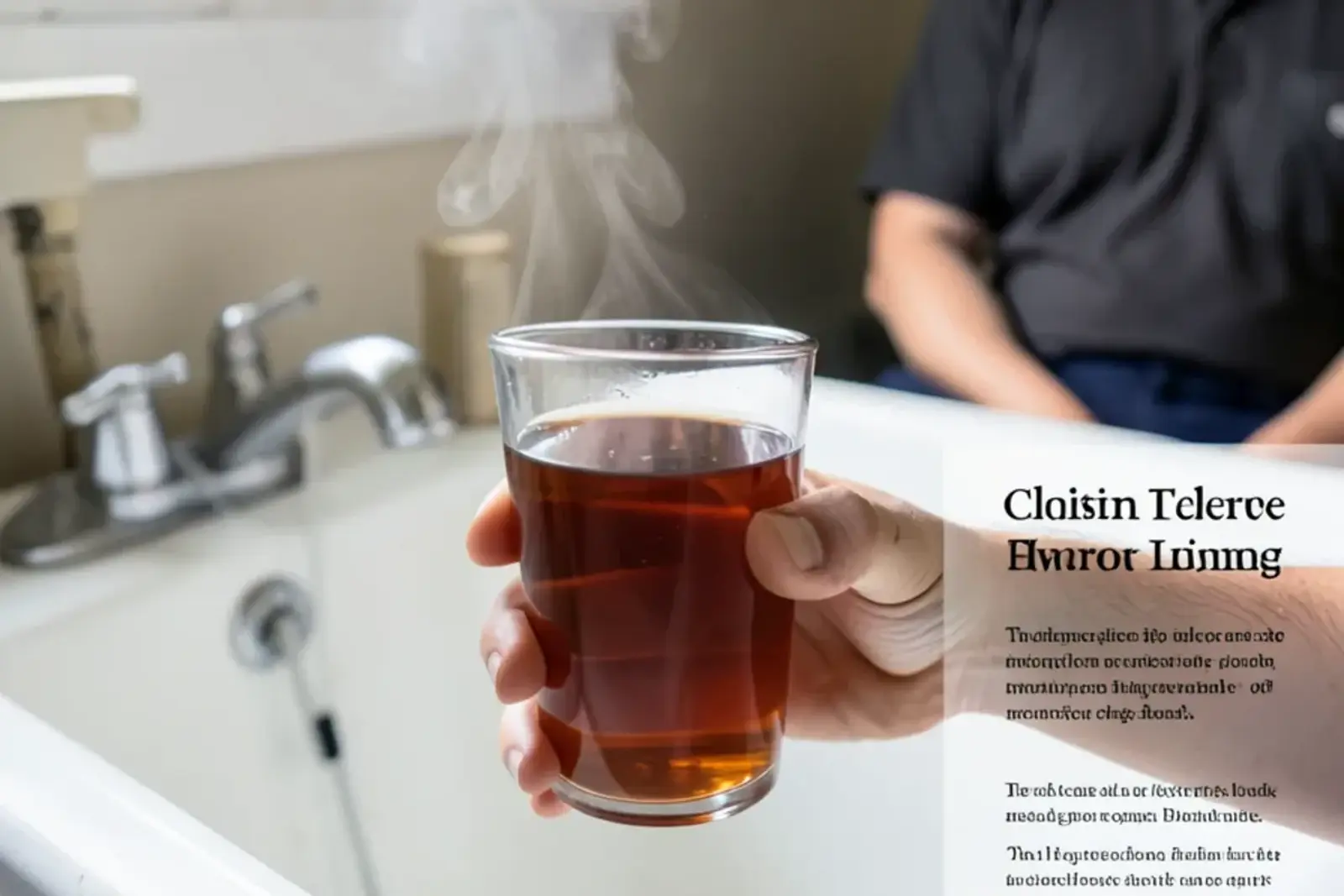 Clear glass of rust-tinted hot water held next to a basement laundry tub faucet