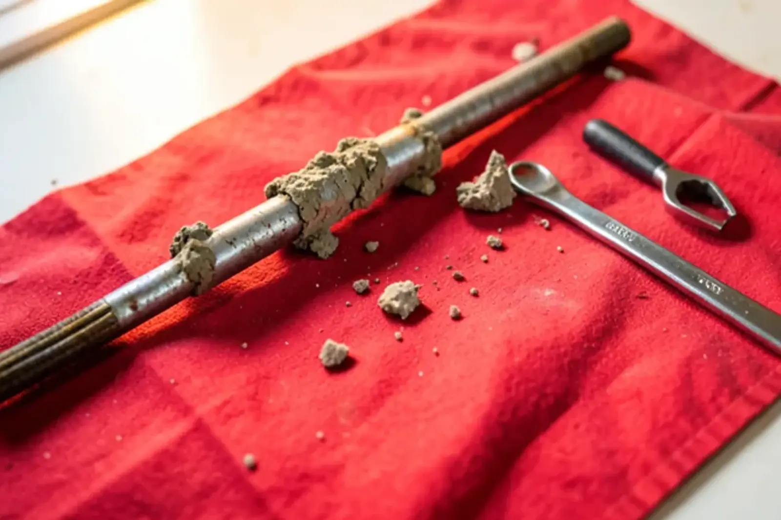Corroded water heater anode rod with exposed steel core lying on a shop rag