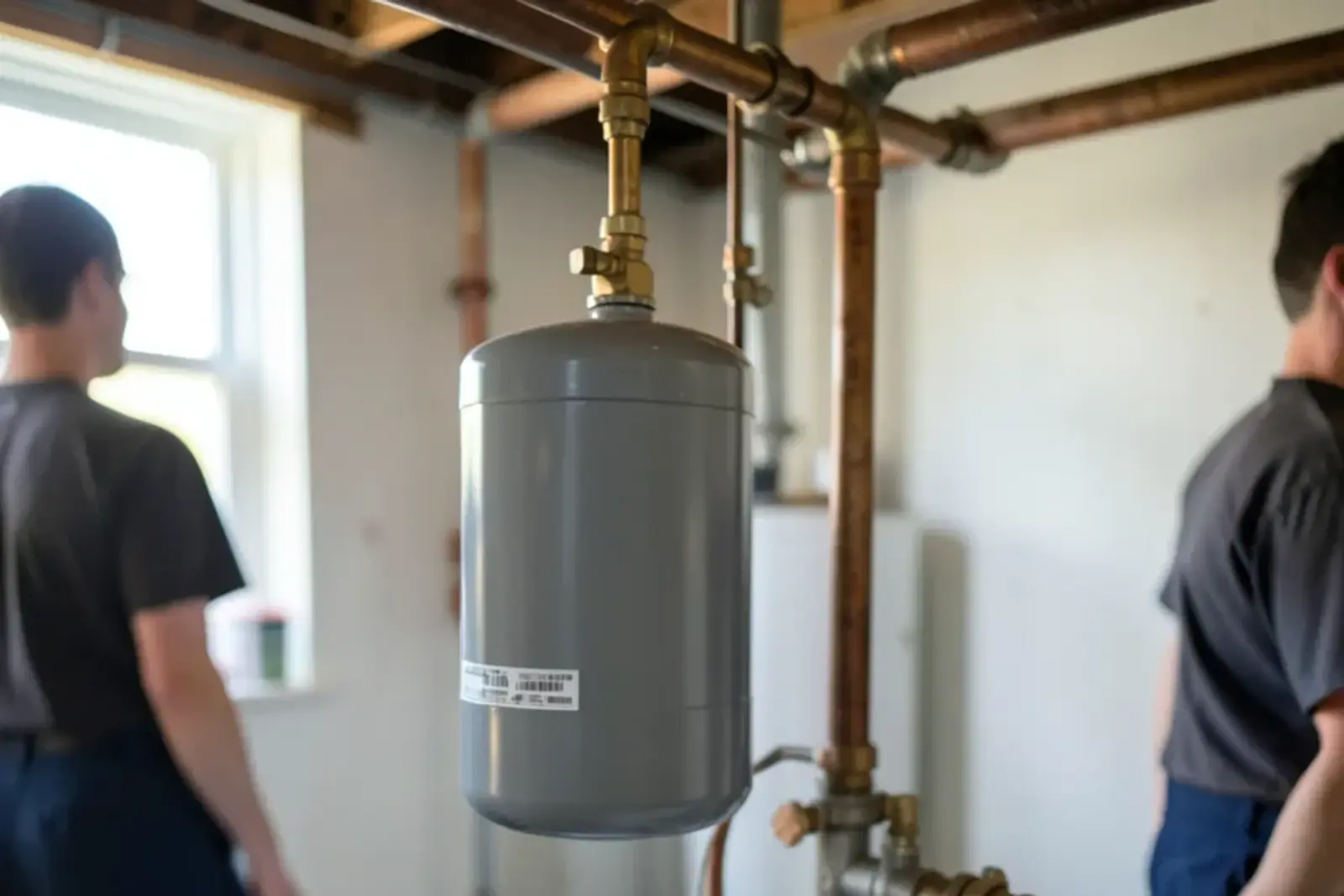Small gray thermal expansion tank hanging from the cold water inlet above a basement gas water heater