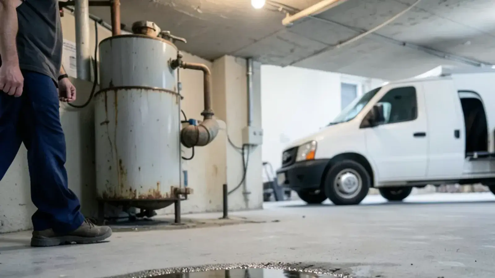Shallow puddle spreading across a concrete basement floor from the base of a gas water heater