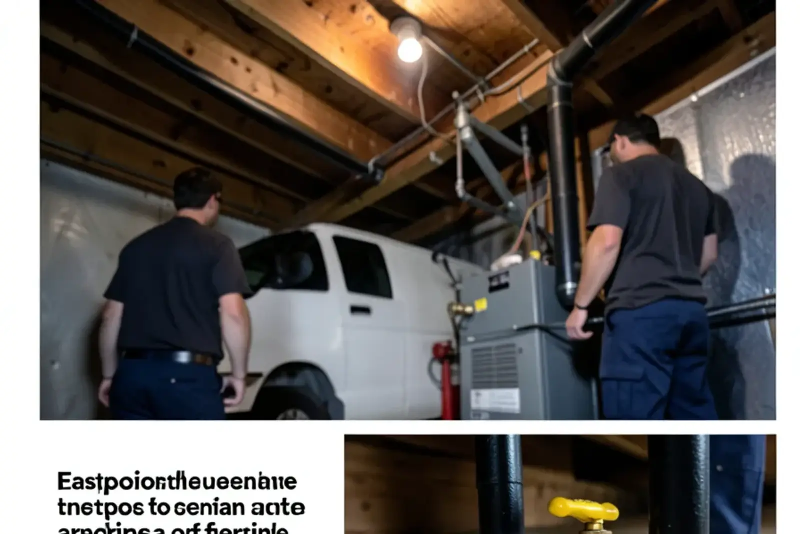 Black iron gas pipe with a yellow-handled shutoff valve running along basement floor joists to a furnace