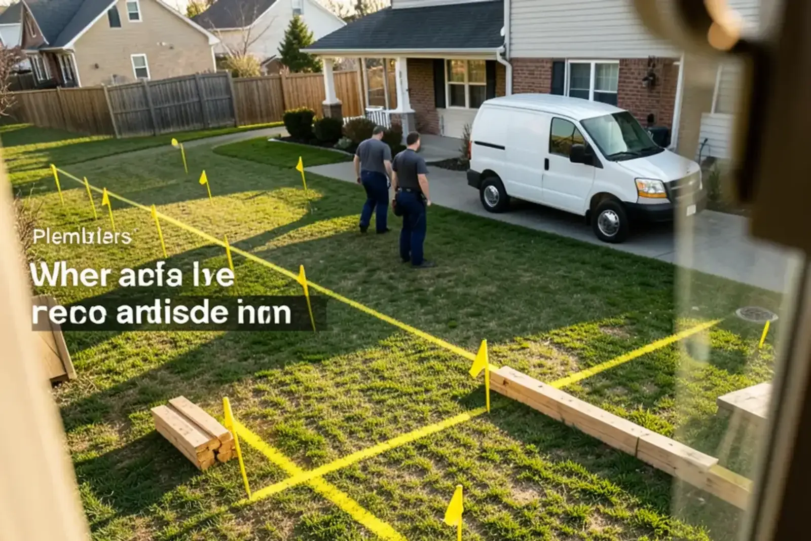 Yellow utility marking flags and yellow paint lines in a backyard lawn beside a stack of fence posts